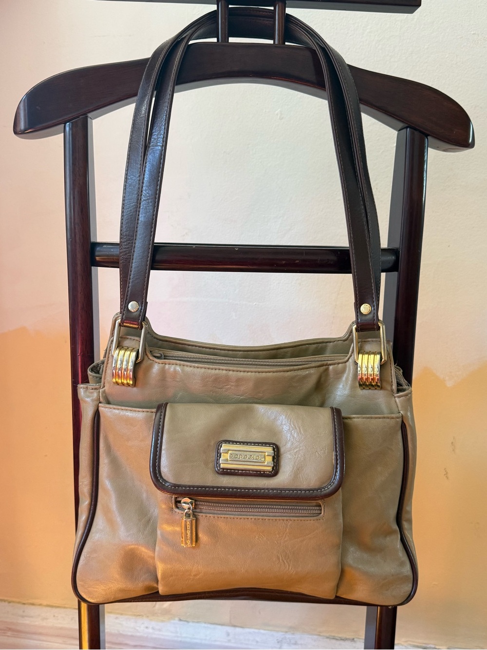 Capezio Taupe Faux Leather Tote Handbag with Dark Brown Trim